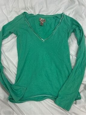 Y2K Vintage Hollister Women's Teal Green Long-Sleeve V-Neck Top Size Small